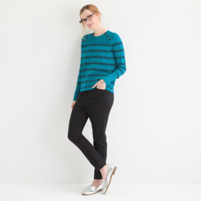 Liz Claiborne Womens Crew Neck Long Sleeve Striped Pullover Sweater