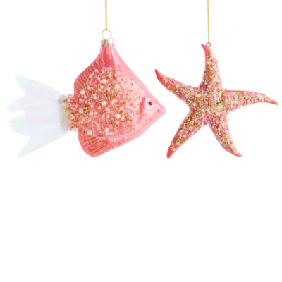 North Pole Trading Co. Pink Starfish And Fish Set 2-pc. Christmas Ornament
