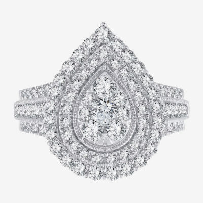 Womens 1 1/2 CT. T.W. White Diamond 10K or 14K Gold Pear Side Stone Halo Bridal Set