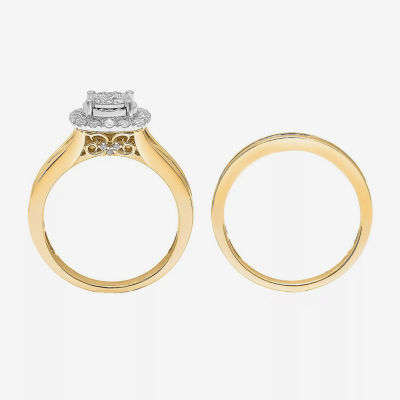 (I / SI2) Womens 1 CT. T.W. Lab Grown White Diamond 10K or 14K Gold Cushion Side Stone Halo Bridal Set