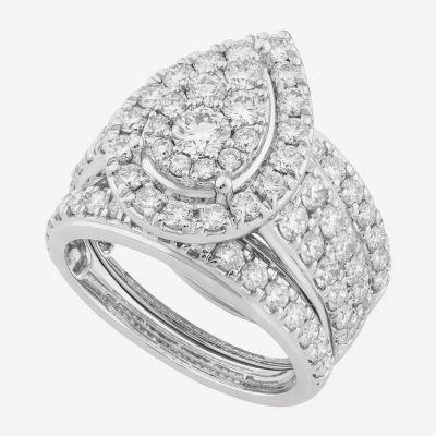 (G-H / Si2) Womens 3 CT. T.W. Lab Grown White Diamond 10K White Gold Pear Side Stone Halo Bridal Set