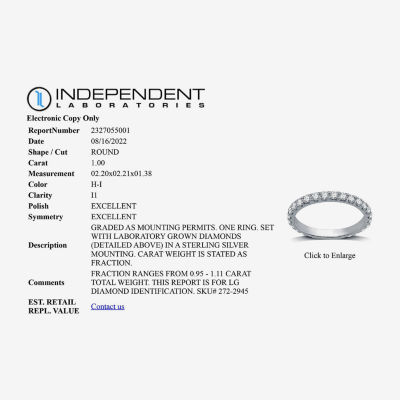 I Said Yes (H-I / I1) 1 CT. T.W. Lab Grown White Diamond Sterling Silver or 14K Gold Over Silver Eternity Wedding Band
