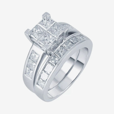 3 CT.T.W. Natural Diamond 14K White Gold Quad Princess Bridal Ring Set