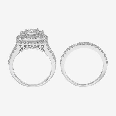 2 CT. T.W. Diamond Cushion Shape Side Stone Halo Bridal Set 10K or 14K White Gold