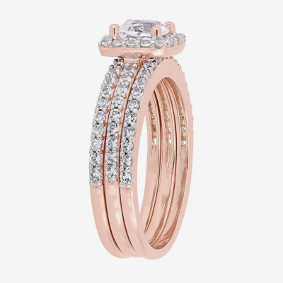 Modern Bride Gemstone Womens Lab Created White Sapphire 18K Rose Gold Over Silver Cushion Halo Bridal Set