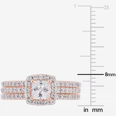 Modern Bride Gemstone Womens Lab Created White Sapphire 18K Rose Gold Over Silver Cushion Halo Bridal Set