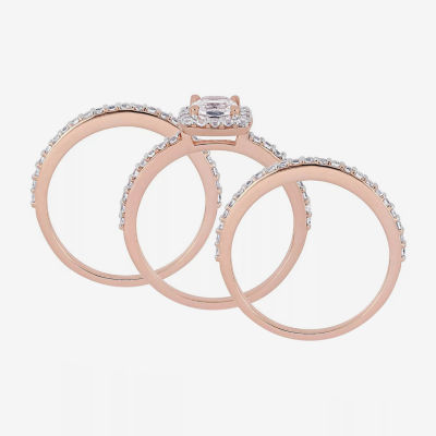 Modern Bride Gemstone Womens Lab Created White Sapphire 18K Rose Gold Over Silver Cushion Halo Bridal Set