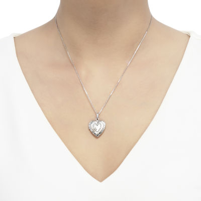 Womens White Sterling Silver Heart Locket Necklace