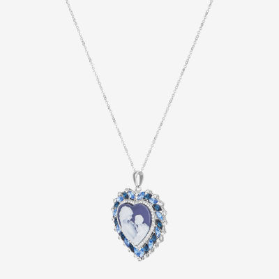Womens Blue Resin and Simulated Crystal Sterling Silver Cameo Heart Pendant Necklace