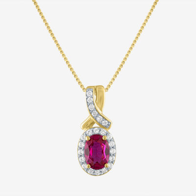 Womens Lab Created Red Ruby 14K Gold Over Silver Oval Pendant Necklace