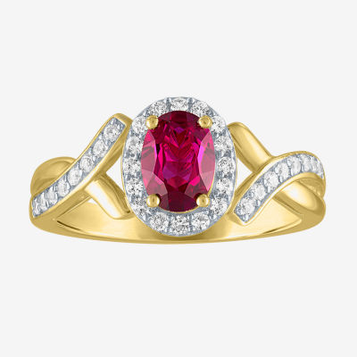 Womens Lab Created Red Ruby 14K Gold Over Silver Oval Halo Side Stone Cocktail Ring