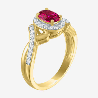 Womens Lab Created Red Ruby 14K Gold Over Silver Oval Halo Side Stone Cocktail Ring