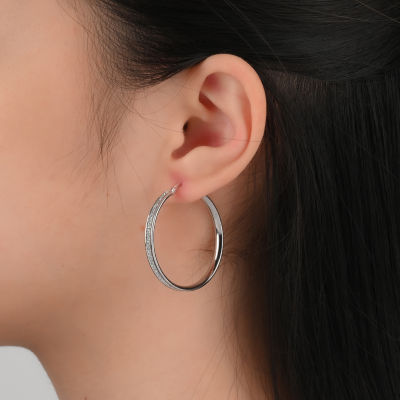 STERLING SILVER RHODIUM 35x2.5MM GLITTER HOOP EARRINGS