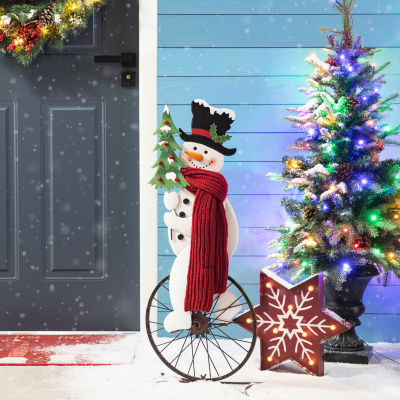 Glitzhome Metal Snowman Riding Bike Decor Christmas Porch Sign