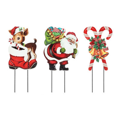 Glitzhome Set Of 3 Metal Glitter Santa Christmas Yard Art