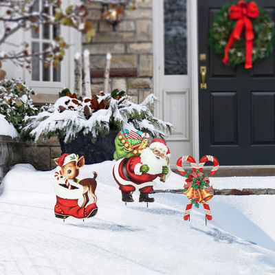 Glitzhome Set Of 3 Metal Glitter Santa Christmas Yard Art