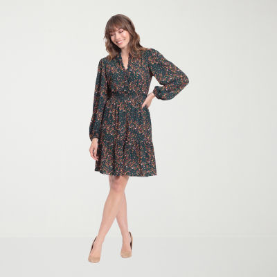 London Times Womens Long Sleeve Floral Fit + Flare Dress