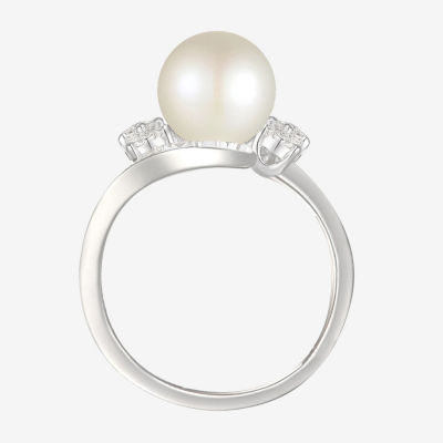 Womens 8-8.5MM White Cultured Freshwater Pearl Sterling Silver Halo Side Stone Cocktail Ring