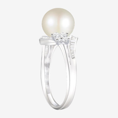 Womens 8-8.5MM White Cultured Freshwater Pearl Sterling Silver Halo Side Stone Cocktail Ring