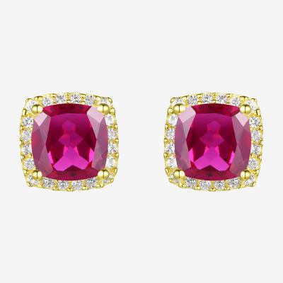 Lab Created Red Ruby 14K Gold Over Silver 6.5mm Cushion Stud Earrings