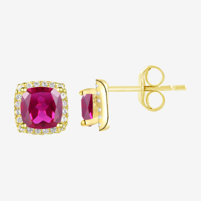 Lab Created Red Ruby 14K Gold Over Silver 6.5mm Cushion Stud Earrings