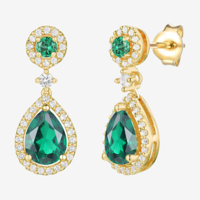 Lab Created Green Emerald 14K Gold Over Silver Pear Drop Earrings
