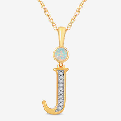 J Womens Lab Created White Opal 14K Gold Over Silver Pendant Necklace