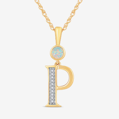 P" Womens Lab Created White Opal 14K Gold Over Silver Pendant Necklace