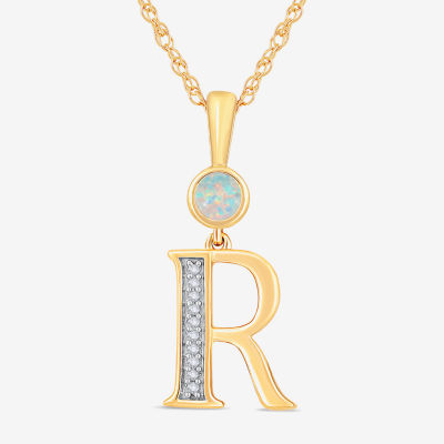 R" Womens Lab Created White Opal 14K Gold Over Silver Pendant Necklace