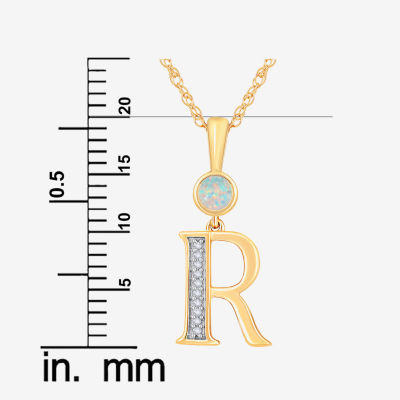 R" Womens Lab Created White Opal 14K Gold Over Silver Pendant Necklace