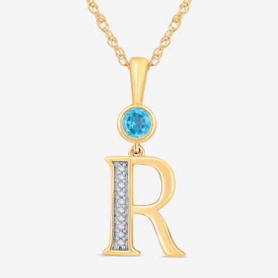 "R" Womens Genuine Blue Topaz 14K Gold Over Silver Pendant Necklaces