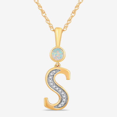 S" Womens Lab Created White Opal 14K Gold Over Silver Pendant Necklace