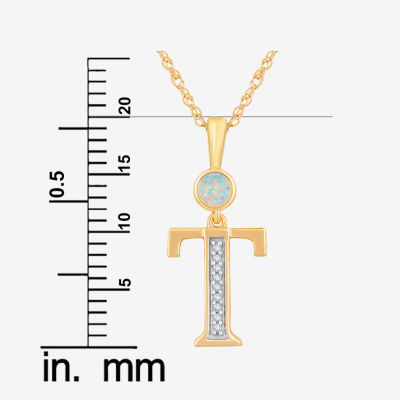 T" Womens Lab Created White Opal 14K Gold Over Silver Pendant Necklace