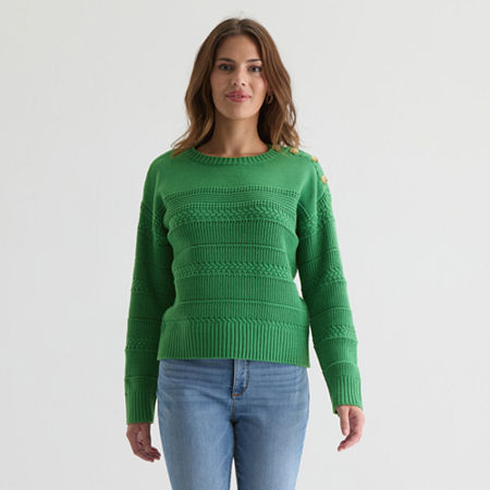 St. John's Bay Womens Crew Neck Long Sleeve Pullover Sweater In Green