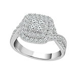 Womens 1 CT. T.W. Genuine White Diamond 10K Gold Cushion Side Stone Halo Engagement Ring