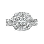 Womens 1 CT. T.W. Genuine White Diamond 10K Gold Cushion Side Stone Halo Engagement Ring