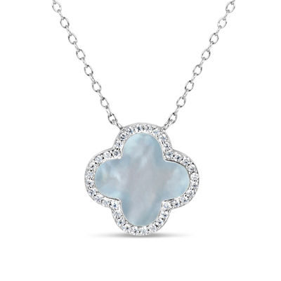 Womens White Mother Of Pearl Sterling Silver Clover 16 1/2 Inch Pendant Necklace