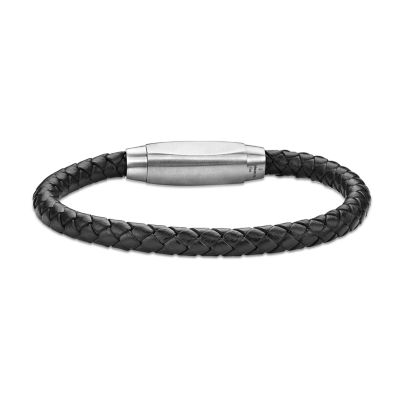 Mens Braided Black Leather Stainless Steel Bracelet