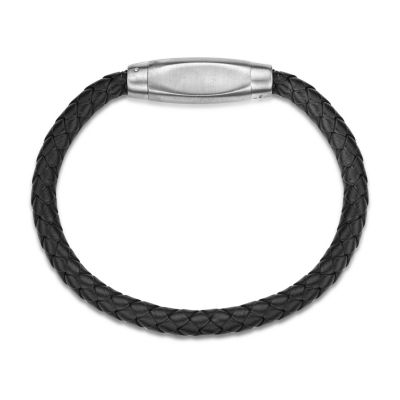 Mens Braided Black Leather Stainless Steel Bracelet