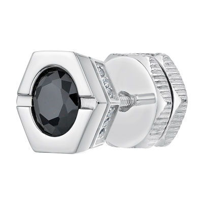 Mens Black and White Cubic Zirconia Stainless Steel Stud Earring