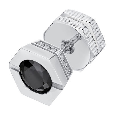 Mens Black and White Cubic Zirconia Stainless Steel Stud Earring