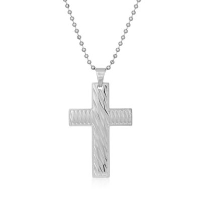 Mens Stainless Steel Textured Cross Pendant Necklace