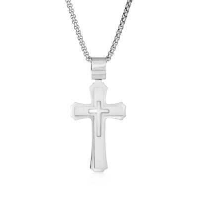 Mens Stainless Steel Triple Layer Cross Pendant Necklace