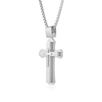 Mens Stainless Steel Triple Layer Cross Pendant Necklace