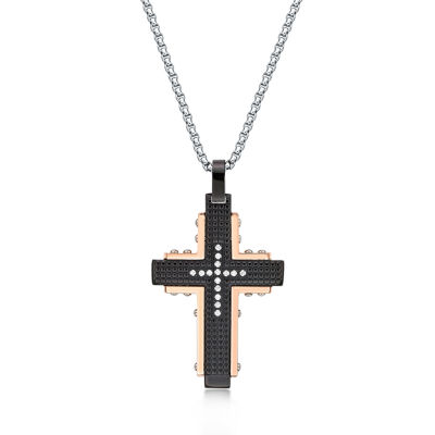 Mens Cubic Zirconia Black Stainless Steel and Rose IP Textured Cross Pendant Necklace