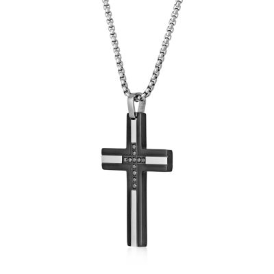 Mens 1/6 CT. T.W. Diamond Black Stainless Steel Cross Pendant Necklace