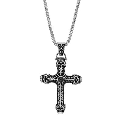 Mens Black Agate Two-Tone Stainless Steel Cross Pendant Necklace, Color ...