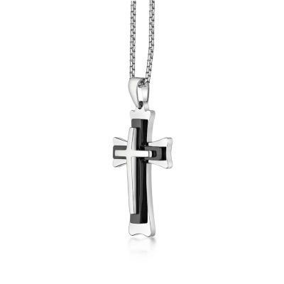 Mens Two-Tone Stainless Steel Triple Layer Cross Pendant