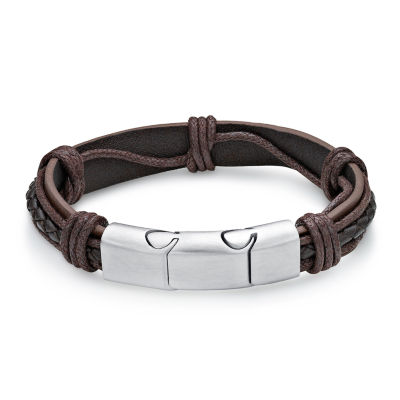 Mens Brown Leather Stainless Steel Bracelet