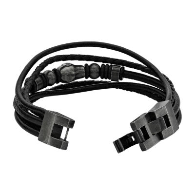 Mens Black Leather and Stainless Steel Skull Bracelet